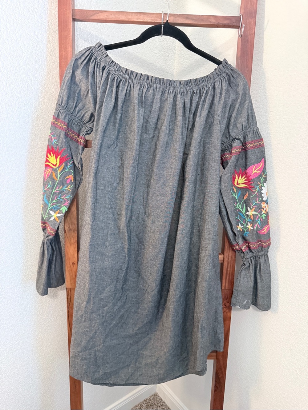 Lucky & Blessed Gray Shirred Waist Dress with Subtle Floral Detail Size M - Picture 3 of 5